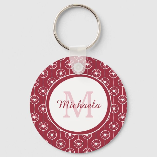 Stylish Red and White Hearts Monogram With Name Key Ring (Front)