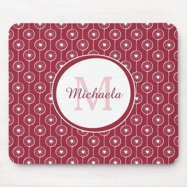 Stylish Red and White Hearts Monogram With Name Mouse Pad (Front)