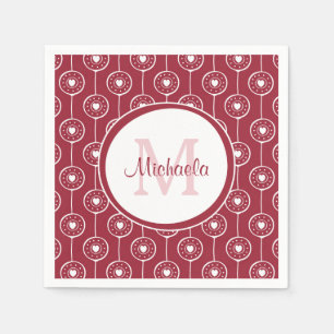 Stylish Red and White Hearts Monogram With Name Napkin