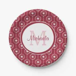 Stylish Red and White Hearts Monogram With Name Paper Plate