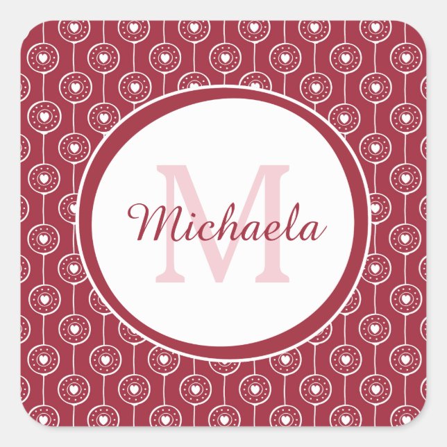 Stylish Red and White Hearts Monogram With Name Square Sticker (Front)