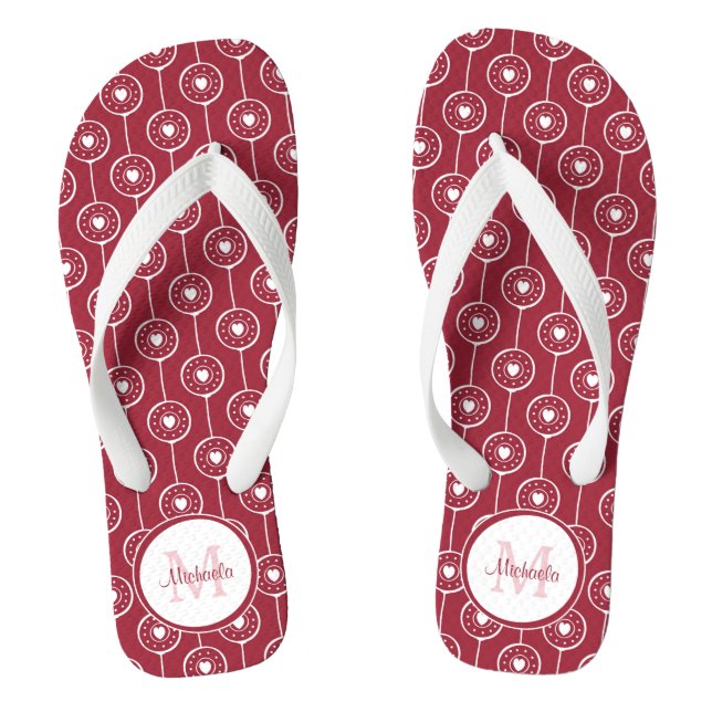 Stylish Red and White Hearts Monogram With Name Thongs (Footbed)