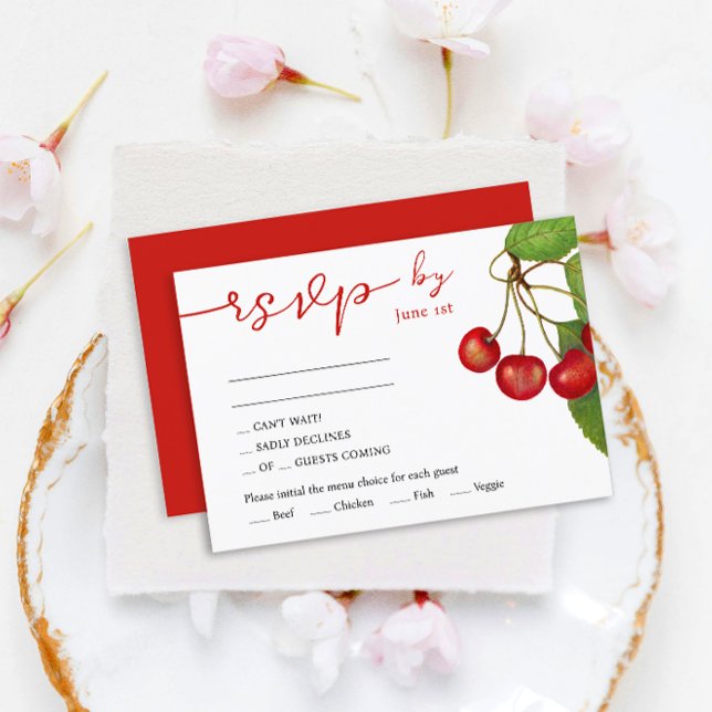 Stylish Red And White Pretty Cherries Wedding RSVP Card (Creator Uploaded)