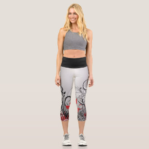 Stylish Red Black and Grey Leaf Design Capri Leggings