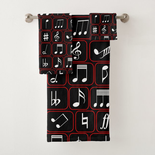 Stylish Red Black and White Geometric Music Notes Bath Towel Set (Insitu)