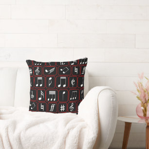 Stylish Red Black and White Geometric Music Notes Cushion