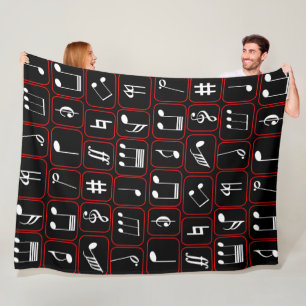 Stylish Red Black and White Geometric Music Notes Fleece Blanket