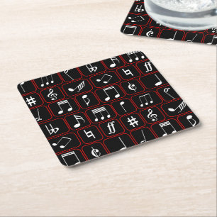 Stylish Red Black and White Geometric Music Notes Square Paper Coaster