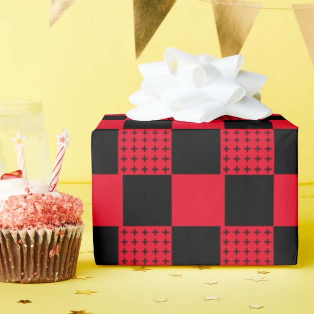 Stylish red & black buffalo plaid chequerboard wrapping paper (Birthday Party)