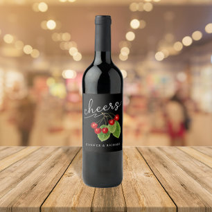 Stylish Red Black Cheers Cherries Modern Script Wine Label