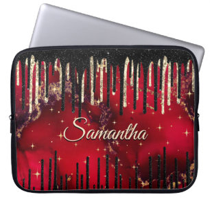 Stylish red black drippings glitter monogram laptop sleeve