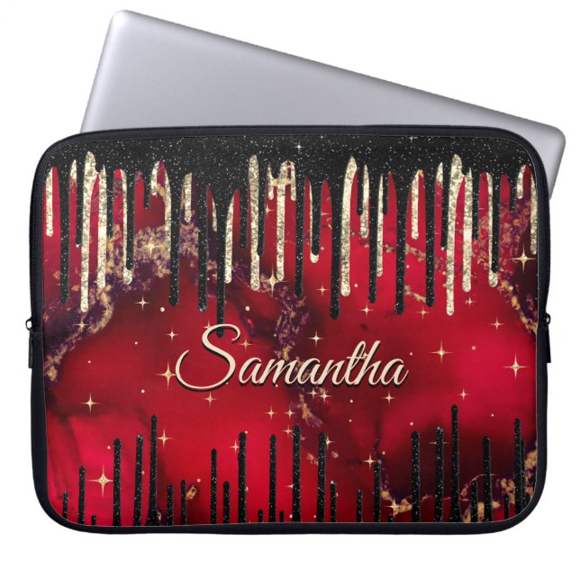 Stylish red black drippings glitter monogram laptop sleeve (Front)