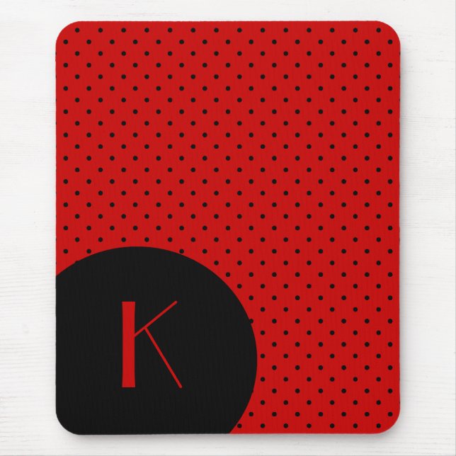 Stylish Red & Black Polka Dot Monogram Mouse Pad (Front)