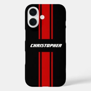 Stylish Red Black Racing Stripes Monogrammed Name iPhone 16 Case