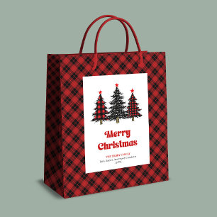 Stylish red black tartan Christmas gift bag name