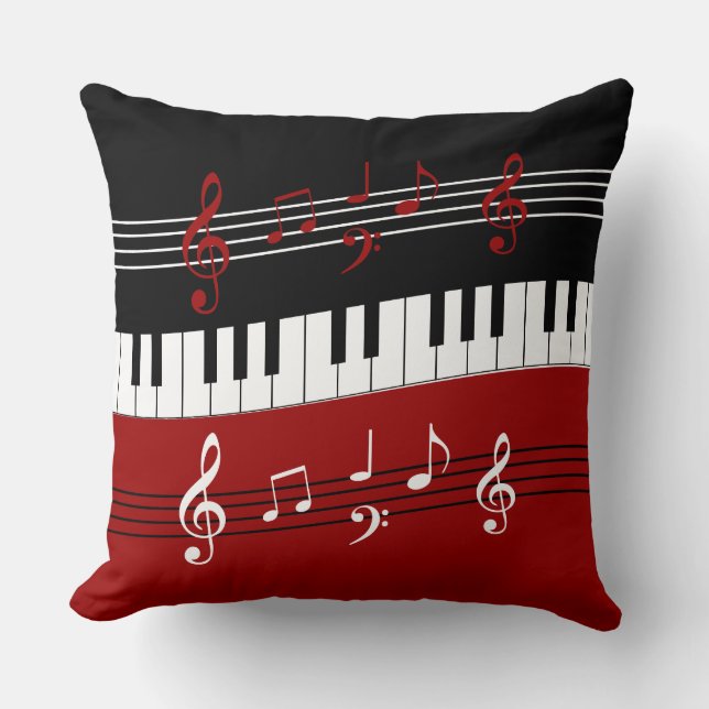 Stylish Red Black White Piano Keys and Notes Cushion (Front)