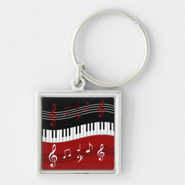 Stylish Red Black White Piano Keys and Notes Key Ring (Front)