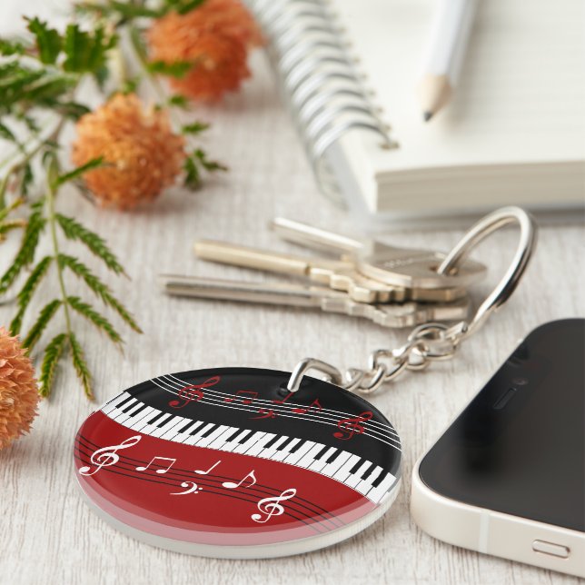 Stylish Red Black White Piano Keys and Notes Key Ring (Front Right)