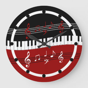 Stylish Red Black White Piano Keys and Notes Large Clock