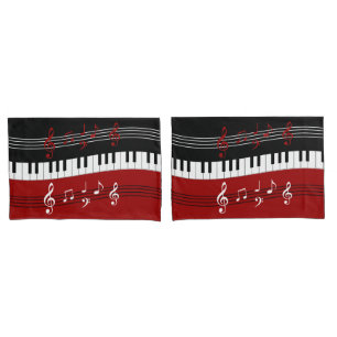 Stylish Red Black White Piano Keys and Notes Pillowcase