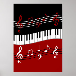 Stylish Red Black White Piano Keys and Notes Poster