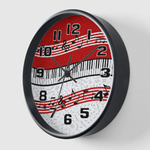 Stylish Red Black White Piano Keys and Notes Squar Clock