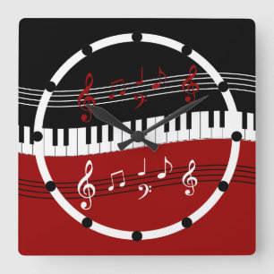 Stylish Red Black White Piano Keys and Notes Square Wall Clock