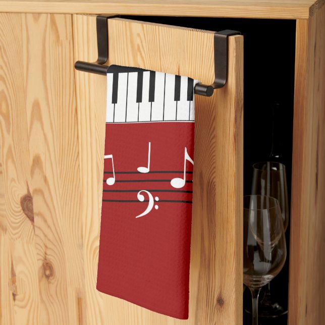 Stylish Red Black White Piano Keys and Notes Tea Towel (Thirds Fold)