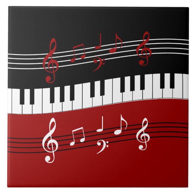 Stylish Red Black White Piano Keys and Notes Tile (Front)