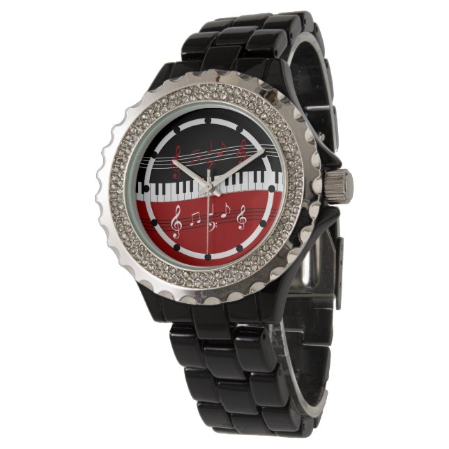 Stylish Red Black White Piano Keys and Notes Watch (Angled)