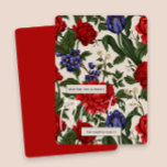 Stylish Red BotanicalFloral Merry Christmas Script Holiday Card<br><div class="desc">Beautiful vintage look floral print Christmas greeting card features stylish pretty red and blue botanical flowers with greenery leaves on a taupe background,  and includes a vibrant red back of the card. A simple Christmas greeting with elegant white script and your personalised name complete this festive card.</div>
