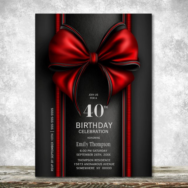 Stylish Red Bow 40th Birthday Party Invitation (Creator Uploaded)