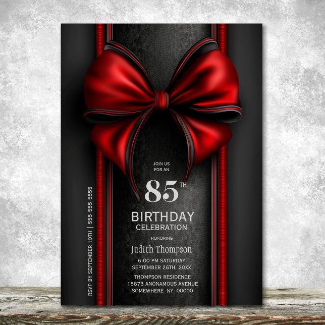 Stylish Red Bow 85th Birthday Party Invitation (Creator Uploaded)