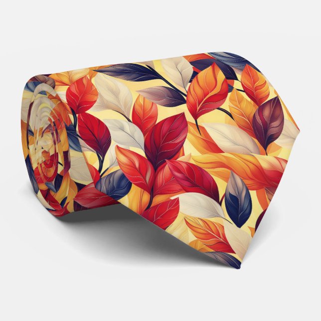 Stylish Red Brown Blue Autumn Fall Leaves Tie (Rolled)