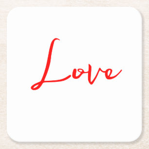 Stylish Red Calligraphy White Love Wedding Square Paper Coaster