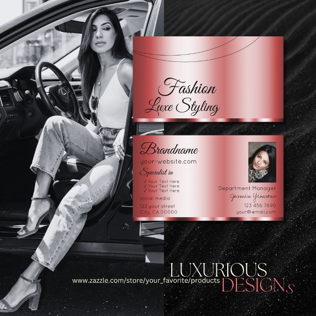 Stylish Red Chic Glamourous with Photo Professiona Business Card (Creator Uploaded)