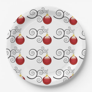 Stylish Red Christmas Ornament Pattern Paper Plate