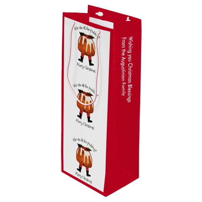 Stylish Red Custom Humour Pudding Merry Christmas Wine Gift Bag (Front Angled)