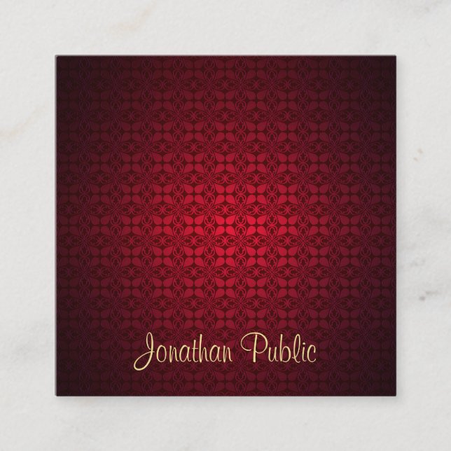 Stylish Red Damask Calligraphy Script Template Square Business Card (Front)