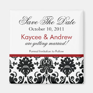Stylish Red Damask Save The Date Magnet