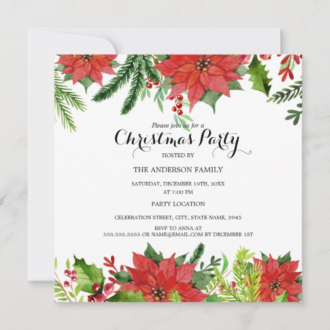 Stylish Red Floral Berry Christmas Party Invite (Front)