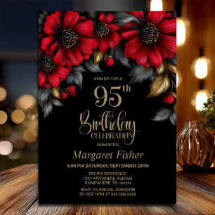 Stylish Red Floral Black 95th Birthday Party Invitation