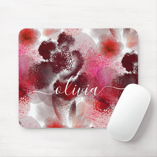 Stylish Red Floral Signature Monogram Mouse Pad (With Mouse)