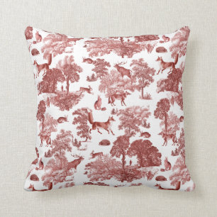 Stylish Red French Toile Fox Rabbit in Forest Cushion