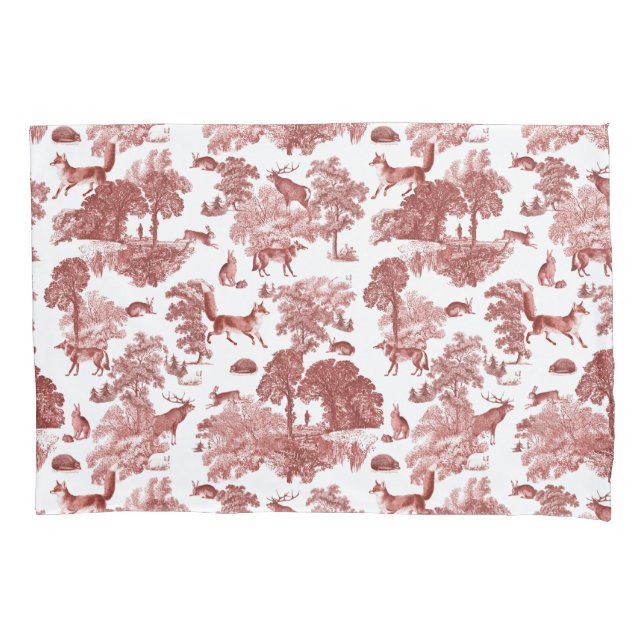 Stylish Red French Toile Fox Rabbit in Forest Pillowcase (Front)