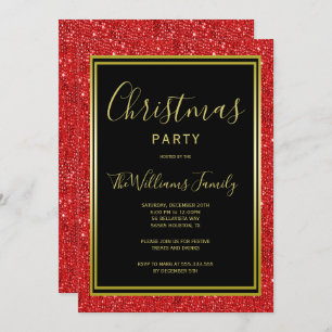 Stylish Red Glitter, Gold Framed Christmas Party Invitation