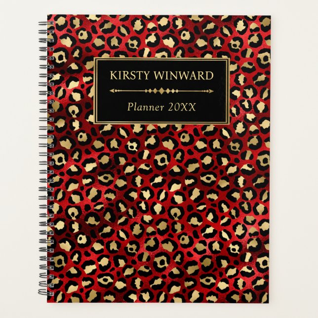 Stylish Red & Gold Foil Leopard Spots Monogram Planner (Front)