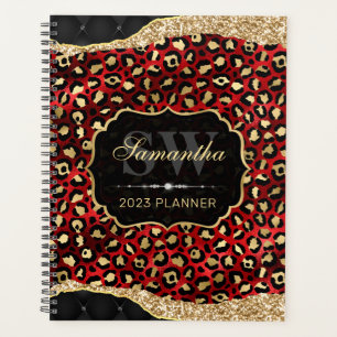 Stylish Red & Gold Foil Leopard Spots Monogram Planner