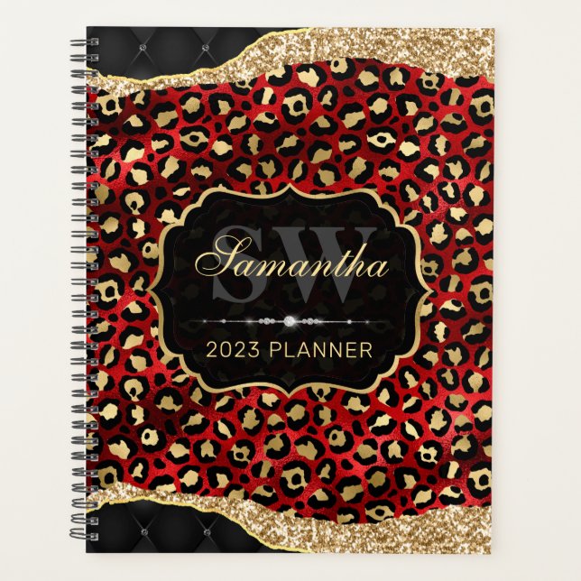 Stylish Red & Gold Foil Leopard Spots Monogram Planner (Front)