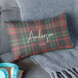 Stylish Red & Green Muted Holiday Colour Plaid Lumbar Cushion